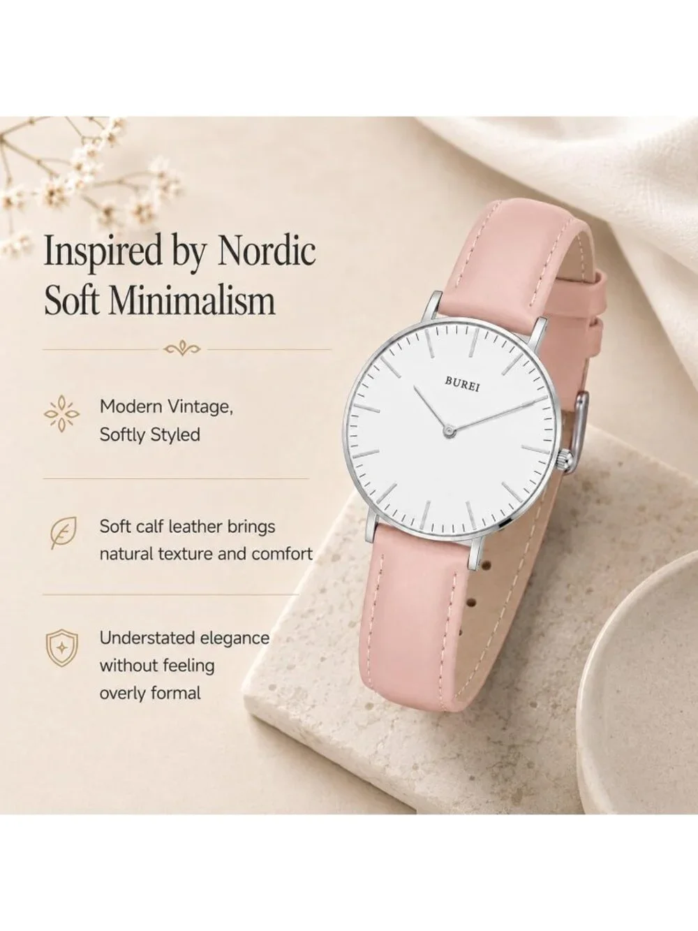 Women's White Silver Pink Minimalist Analog Quartz Waterproof Dress Wrist Watch